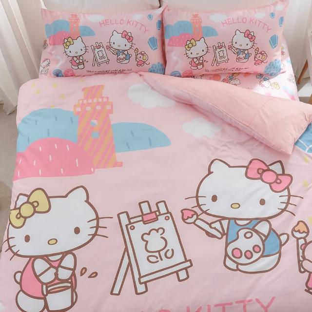 【戀家小舖】MIT卡通正版授權55%天絲床包枕套組-Hello Kitty 風景繪(單人)