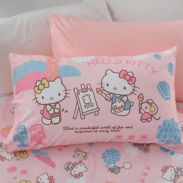 【戀家小舖】MIT卡通正版授權55%天絲床包枕套組-Hello Kitty 風景繪(單人)