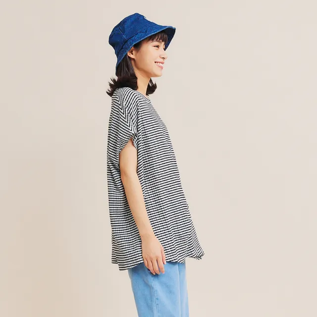 【Dailo】涼感格紋寬版打摺-女短袖上衣 格紋 藍 黑 米(三色/魅力商品/版型適中)