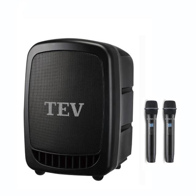 TEV TA380-SU2 黑色系手提式音響，臺灣製造，支援藍芽連線、USB與SD卡輸入，單曲與迴圈播放模式，內建FM收音機，尺寸215x220x313mm，重量4KG，鋰離子電池續航，配件含無線麥克風、充電器與保護套，1年保固，NCC認證CCAB20LP1790T7，BSMI R36341，適合戶外K歌與音樂播放。