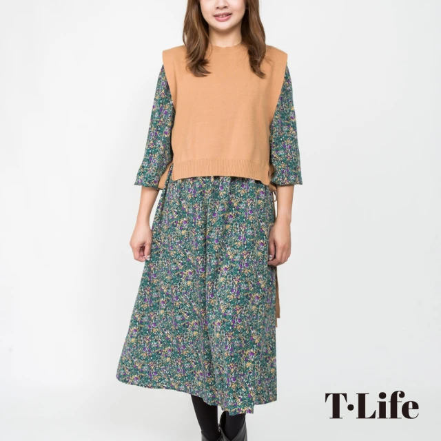 【T.Life】日系溫柔兩件式碎花針織長袖洋裝(2色)