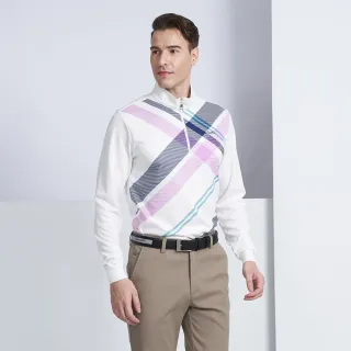 【pierre cardin 皮爾卡登】商務休閒 男款 吸濕排汗格紋拉鍊門襟薄長袖polo衫-白色(5225203-90)
