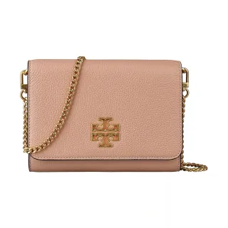 【TORY BURCH】TORY BURCH Britten經典簍空大T LOGO牛皮釦式鏈帶肩背包(粉紅月亮)