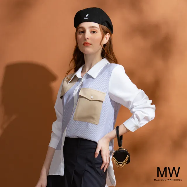 【MAGIQUE WARDROBE】個性造型拼接條紋長袖襯衫(2色)