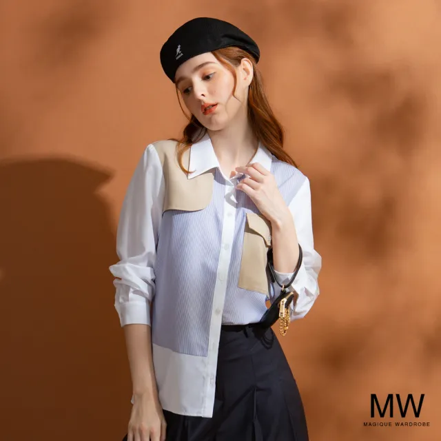 【MAGIQUE WARDROBE】個性造型拼接條紋長袖襯衫(2色)