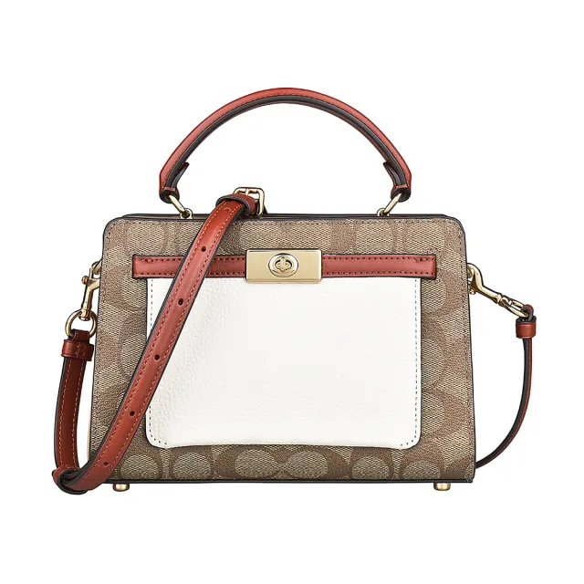 【COACH】COACH LANE印花C字LOGO牛皮拼接PVC扣式手提斜背包(迷你/卡其x白x紅)（其他規格）