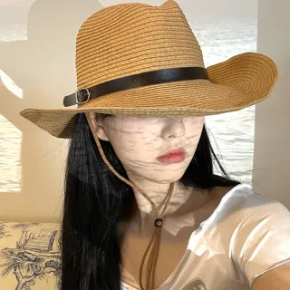 【AnnaSofia】防曬遮陽牛仔紳士帽爵士帽草帽-層層率性革帶(駝系)