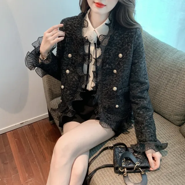 【米蘭精品】現貨+預購 毛呢外套短款大衣(氣質小香風荷葉邊女外套2色74dr18)