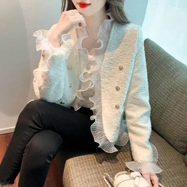 【米蘭精品】現貨+預購 毛呢外套短款大衣(氣質小香風荷葉邊女外套2色74dr18)
