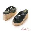 【amai】日系草編厚底楔型涼鞋 楔型拖鞋 坡跟涼鞋 高跟涼鞋 坡跟鞋 楔型鞋 拖鞋 大尺碼 S42BK(黑色)