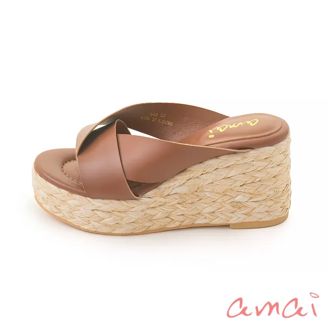 【amai】日系草編厚底楔型涼鞋 楔型拖鞋 坡跟涼鞋 高跟涼鞋 坡跟鞋 楔型鞋 拖鞋 大尺碼 S42CF(棕色)