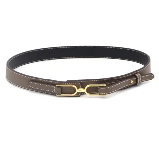 【AnnaSofia】二層牛皮真皮腰帶皮帶腰封-雙U迴釦細紋 現貨(灰褐系)