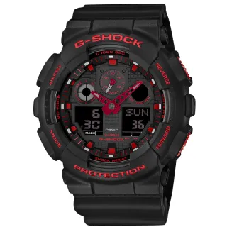 【CASIO 卡西歐】G-SHOCK 經典紅黑 雙顯 計時碼錶 防水200米 運動衝浪 橡膠手錶 黑色 51mm(GA-100BNR-1A)