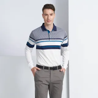 【pierre cardin 皮爾卡登】商務休閒 仿棉雙面緹花橫條定位長袖polo衫-深藍色(5225205-38)