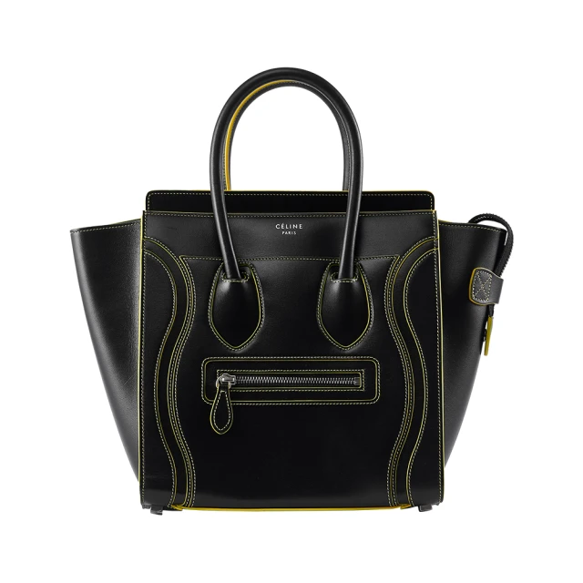 【CELINE】Micro Luggage 小牛皮螢光線飾冏包手提包(黑包黃線)