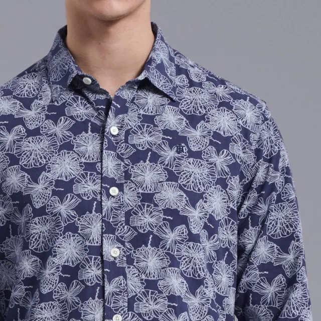 【JOHN HENRY】花卉輪廓線長袖襯衫-藍色