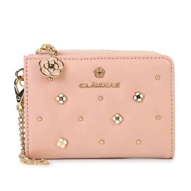 【CLATHAS】山茶花金屬小花裝飾質感羊皮證件零錢包鑰匙包(粉色)