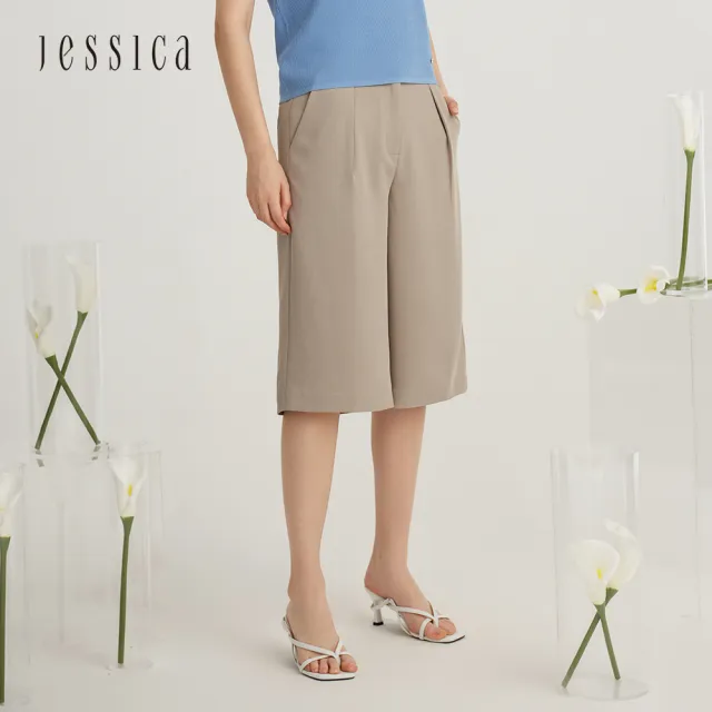 【JESSICA】百搭時尚優雅顯瘦五分短寬褲 223422（卡其）