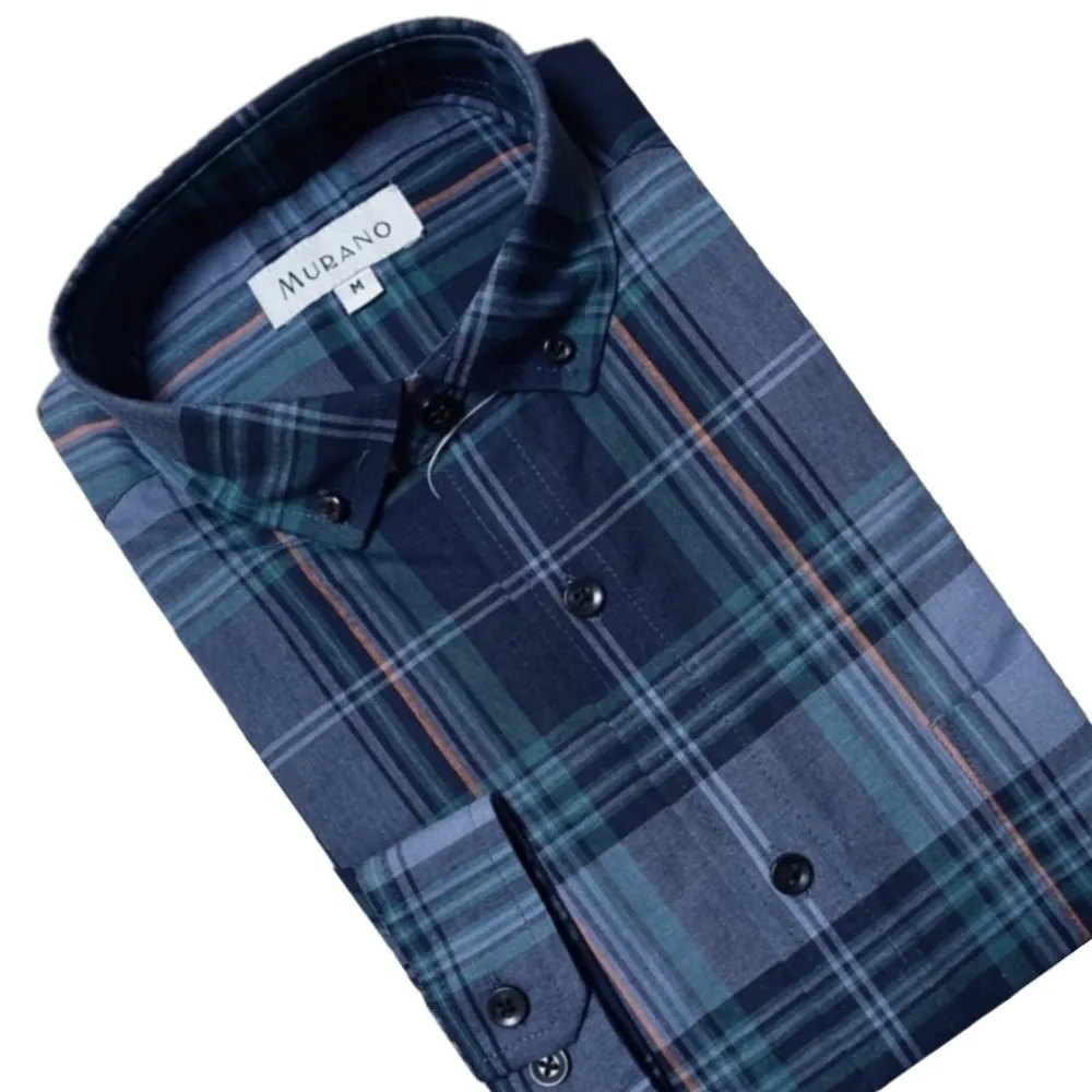 【MURANO】男格條紋長袖襯衫-灰藍綠 M-2XL(台灣製、現貨、長袖、格紋)
