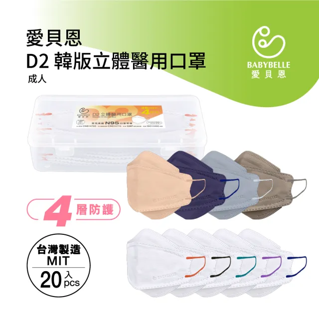 【BABYBELLE 愛貝恩】MIT成人D2立體醫用口罩任選4盒-20片/盒