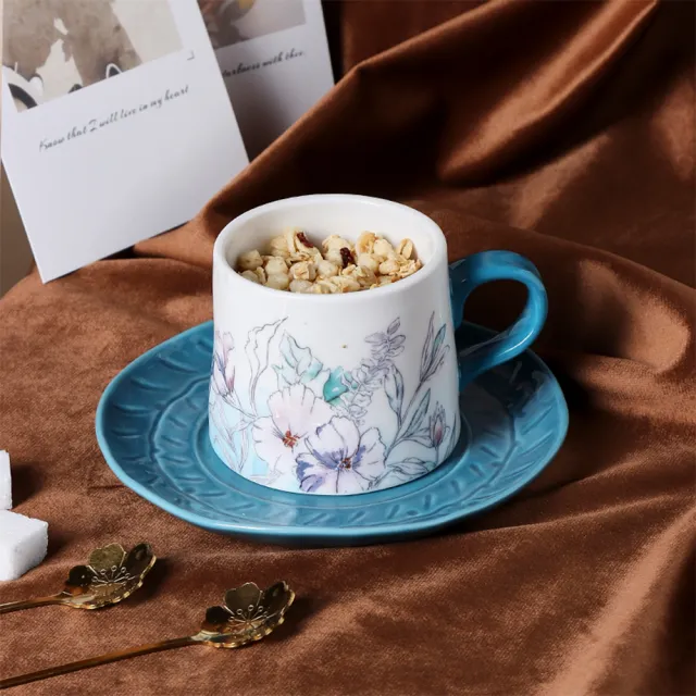 【Royal Duke】清新花卉鑽石系列-咖啡杯碟組(買一送一 咖啡杯 馬克杯 咖啡杯碟 杯碟組 杯 杯子 陶瓷)