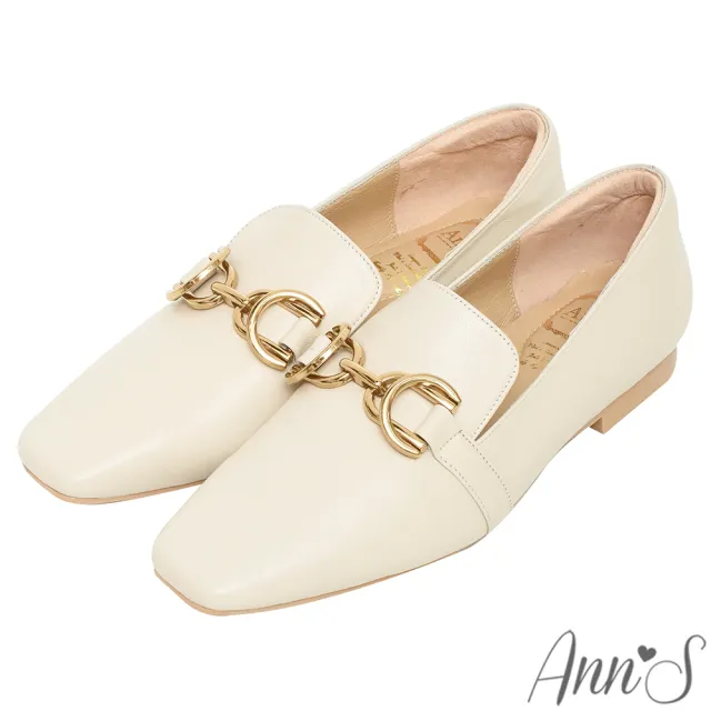【Ann’S】超柔軟綿羊皮-精品古銅金扣顯瘦小方頭平底鞋(米白)