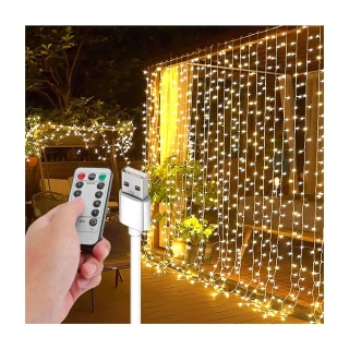 【AHOYE】防水LED窗簾燈串 暖光3米*3米300燈 USB供電(戶外燈條 燈飾)