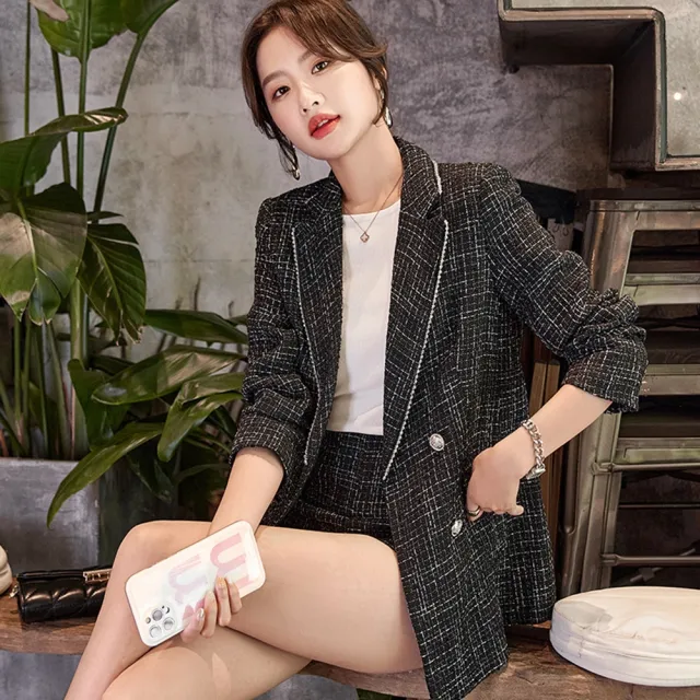 【米蘭精品】現貨+預購 西裝套裝兩件套(格紋外套短褲休閒女職業西裝2色74ct43)