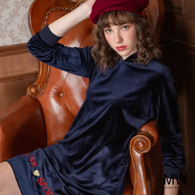 【MAGIQUE WARDROBE】絨布蕾絲拼接連帽電繡洋裝(2色)
