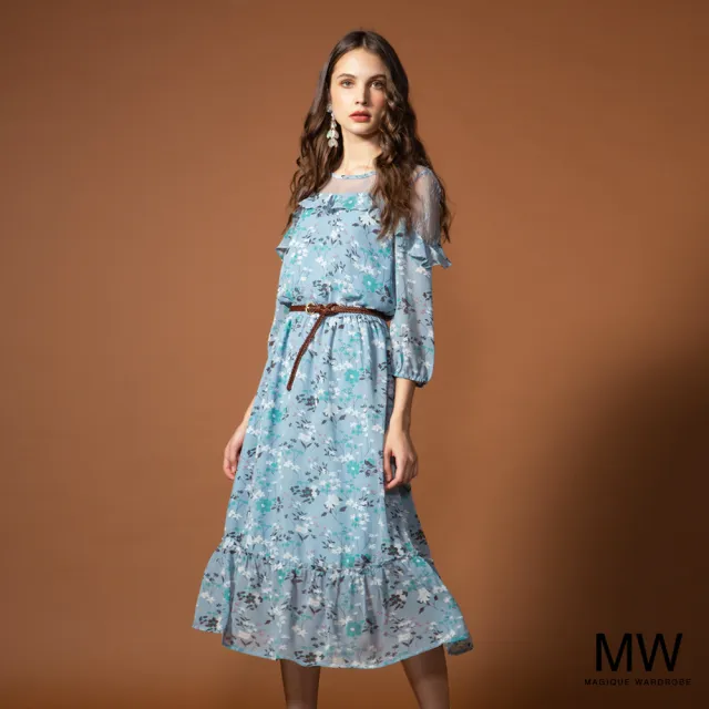 【MAGIQUE WARDROBE】繡花網布拼接荷葉雪紡洋裝(中藍粉)