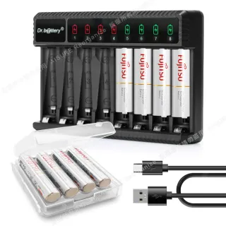 【日本富士通Fujitsu】低自放電4號750mAh充電電池組4號8入+Dr.b@ttery八槽USB電池充電器+送電池盒*2