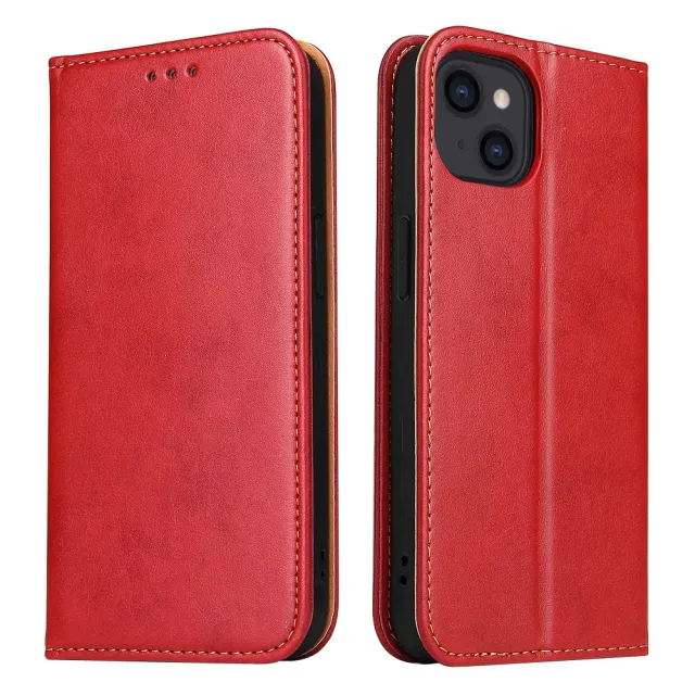 【Fierre Shann】iPhone 14 Plus 6.7吋 磁吸側掀真皮紋手工PU皮套