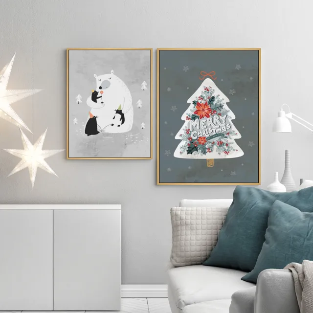 【菠蘿選畫所】來自熊熊的擁抱-50x70cm(灰色北極熊企鵝掛畫/聖誕節送禮/兒童臥室掛畫)