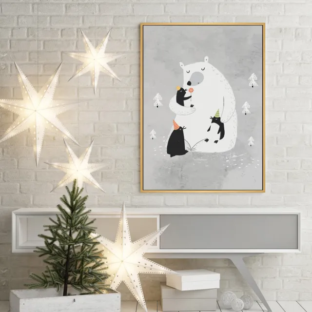 【菠蘿選畫所】來自熊熊的擁抱-70x100cm(灰色北極熊企鵝掛畫/聖誕節送禮/兒童臥室掛畫)