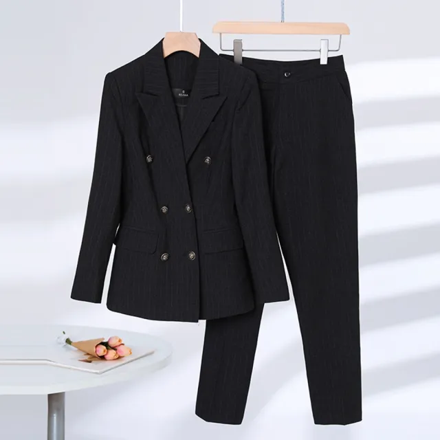 【米蘭精品】現貨+預購 西裝套裝兩件套(條紋雙排扣外套長褲女職業西裝2色74ct23)