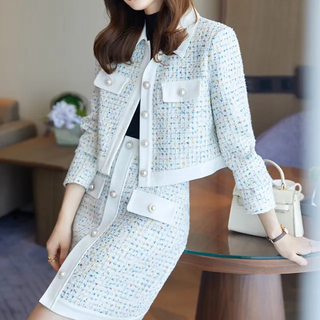 【米蘭精品】現貨+預購 西裝套裝兩件套(格子毛呢外套短裙女職業西裝2色74ct29)
