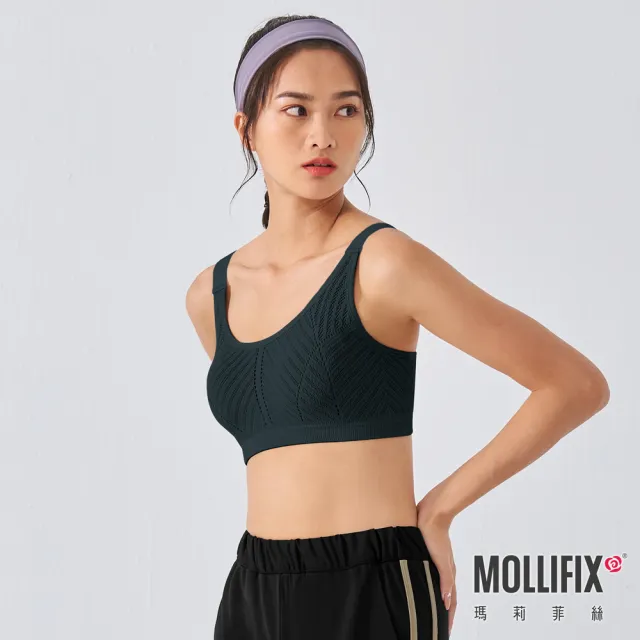 【Mollifix 瑪莉菲絲】A++活力自在簡約可調肩帶舒適BRA、瑜珈服、無鋼圈、運動內衣(水墨綠)
