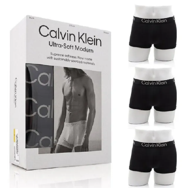 【Calvin Klein 凱文克萊】CK 凱文克萊 男士內褲 超柔軟現代莫代爾 貼身短版平口四角內褲(CK 黑色3件組)