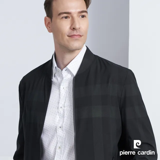 【pierre cardin 皮爾卡登】商務休閒 男款 都會休閒棒球領印花格紋薄夾克外套-墨綠色(5225664-49)