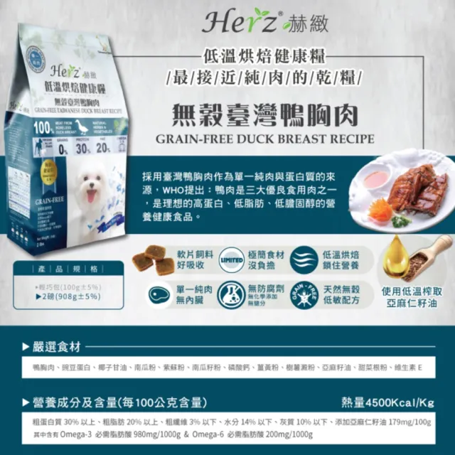 【Herz 赫緻】低溫烘焙健康糧 無穀台灣鴨胸肉5LB(狗糧、狗飼料)