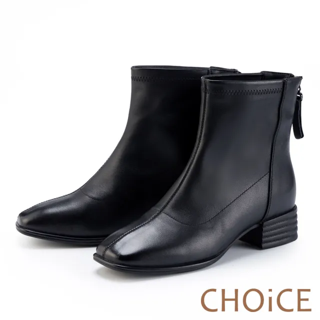 【CHOiCE】柔軟皮質百搭方頭低跟短靴(黑色)