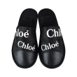 【Chloe’ 蔻依】CHLOE WOODY經典白字LOGO帆布拚皮革拖鞋(黑/白字)