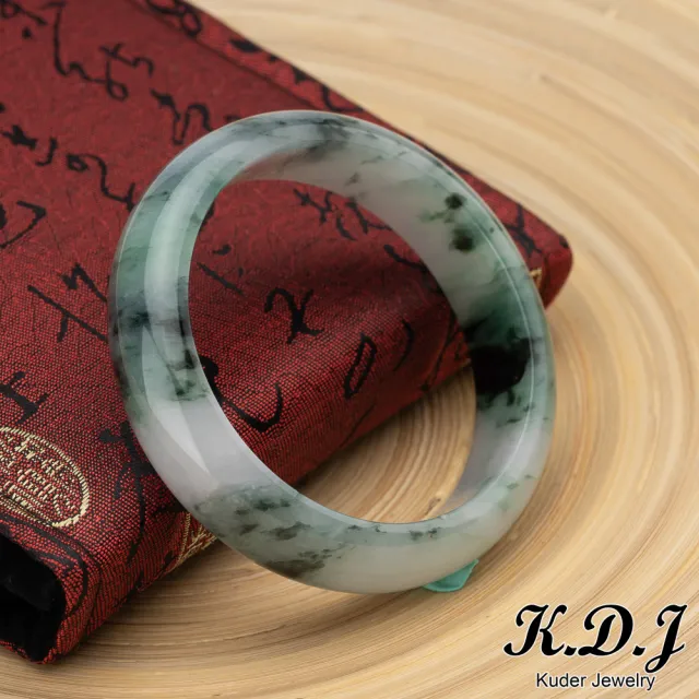 【K.D.J 圓融珠寶】冰糯花青翡翠手鐲玉鐲天然A貨(18.5圍寬版平安鐲)