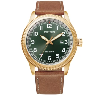 【CITIZEN 星辰】光動能復古風格紳士手錶-42.5mm/綠X咖啡(BM7483-15X)