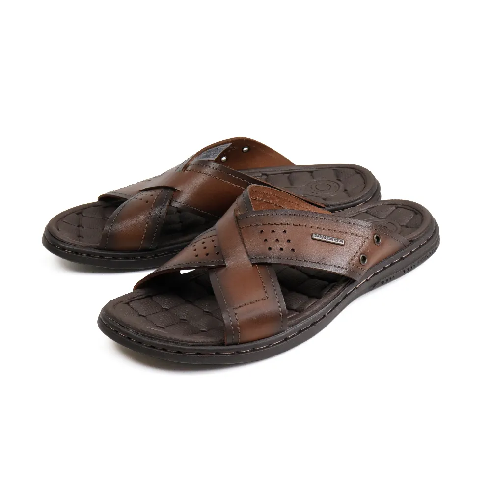 【PEGADA】真皮交叉舒適氣墊拖鞋 深棕色(131222-DBR)