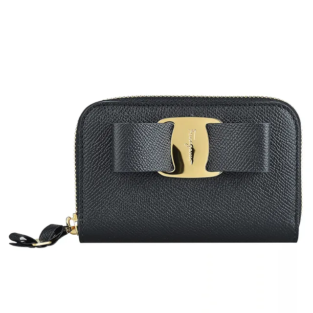 【Salvatore Ferragamo】VARA蝴蝶結設計金屬LOGO牛皮拉鍊零錢名片包(黑)