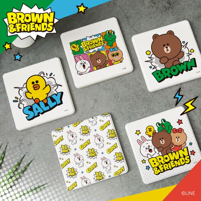 收納王妃 LINE FRIENDS 熊大 莎莉 漫畫風系列 硬式珪藻土 吸水杯墊 杯墊 2入/組(尺寸:10x10x0.9cm)