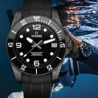【TITONI 梅花錶】SEASCOPER 600米陶瓷錶圈鍛造碳天文台認證潛水機械錶 - 黑(83600 C-BK-256)