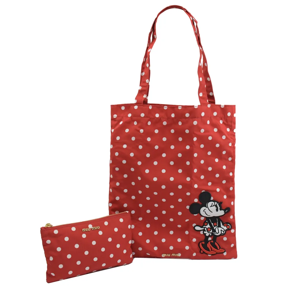 【MIU MIU】限定款迪士尼聯名米妮摺疊收納帆布托特包購物袋(紅)