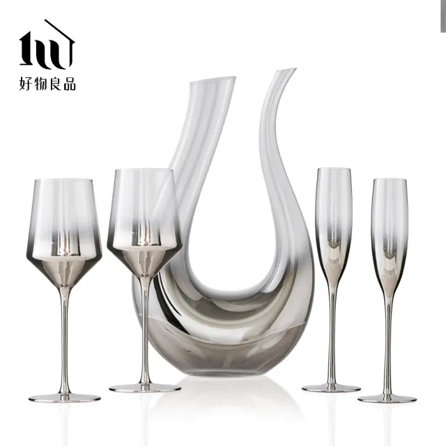 【好物良品】斜口醒酒瓶_銀色漸變玻璃酒杯組(葡萄酒醒酒壺 紅酒醒酒器 倒酒引酒分酒器 聖誕情人節日慶祝)
